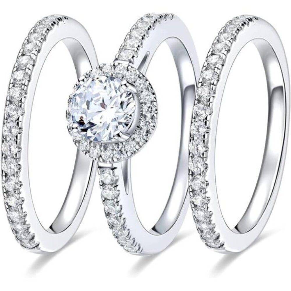 Women's Three-in-One Oval Halo Wedding Bands Set Engagement Ring